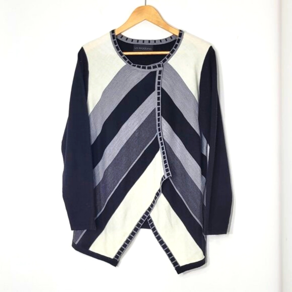 La Madona Knit Black Ivory Gray Contrast Trim Chevron Open Cardigan Professional